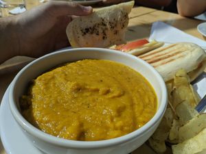 £6.50 vegan cheddar Panini + coconut curry at World Peace Cafe in York
