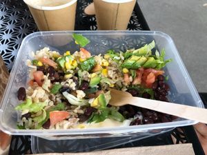 Black bean burrito bowl (sorry we started eating) at The Good Food Store in Smith Lake