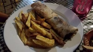 Vegan Burrito with fries. at Luna Vegana in Mexico City