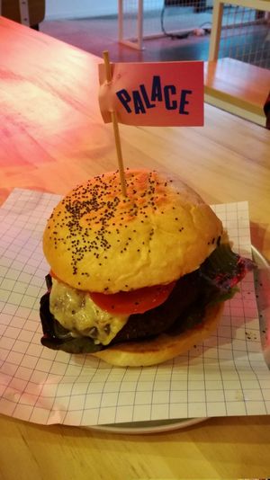 vegan burger with pumpkin pattie and vegan cheese at Palace in Mount Maunganui