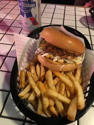 BBQ Jackfruit burger  and seasoned fries at Palace in Mount Maunganui