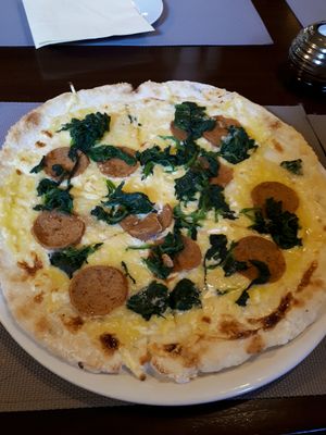 Spinach, salam, mozzarella (GF) pizza at La Strada in Brno