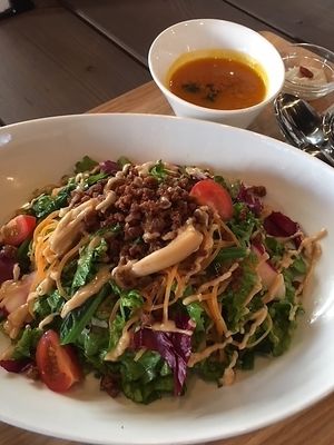 Seasonal coloring vegetables rice bowl(rice with quinoa and dried ginger, soy meat, cream soy sauce) at Where is a Dog in Tokyo