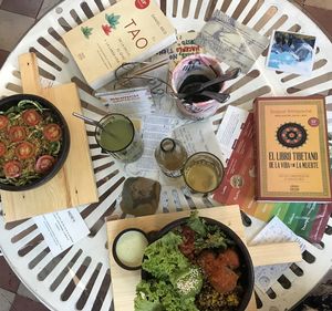 Left: Spaguetti di zucchini
Right: Buddha balls
Books from the mini library at Sapiens in Santiago