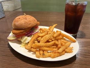 “Chik’n-less Chicken Sandwich” and Boysenberry punch   at Knott's Berry Farm - Mrs. Knott's Chicken Dinner Restaurant in Buena Park