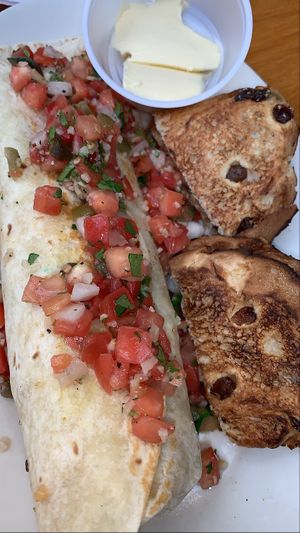Vegan burrito with toast instead of home fries (I didn’t feel like potatoes lol)  at Jeannie's Great Maine Breakfast in Bar Harbor
