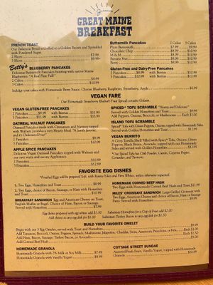 Menu with vegan section at Jeannie's Great Maine Breakfast in Bar Harbor