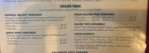Vegan portion of menu  at Jeannie's Great Maine Breakfast in Bar Harbor