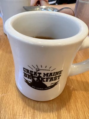Coffee with almond milk  at Jeannie's Great Maine Breakfast in Bar Harbor