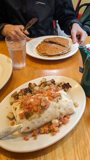 Vegan breakfast burrito and berry pancakes at Jeannie's Great Maine Breakfast in Bar Harbor