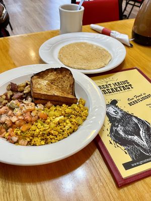 Tofu scramble and vegan pancakes    at Jeannie's Great Maine Breakfast in Bar Harbor