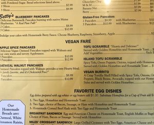 Menu showing vegan options! at Jeannie's Great Maine Breakfast in Bar Harbor