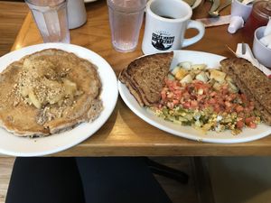 Apple spice single pancake and the Island Tofu scramble! Both were delicious! at Jeannie's Great Maine Breakfast in Bar Harbor