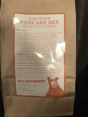 Vegan pancake mix for sale in the cafe at Jeannie's Great Maine Breakfast in Bar Harbor