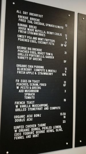 menu at George Cafe in Mount Maunganui