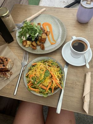 Noodle salad and mushroom/tomato/potato fry up  at George Cafe in Mount Maunganui