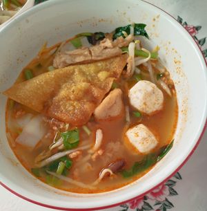 Tom yum noodle soup at Pridi 26 - Vegetarian Food in Bangkok