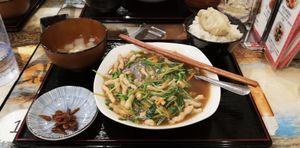 Pea sprouts, soup, Reis, dumpling and a bit of mushroom on the left- very tasty! at Taiwan Shokudo in Tokyo