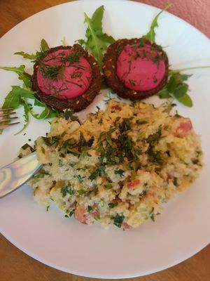 Polish falafel served with lentil served on millet TABOULEH and beetroot sauce at Sufeat in Krakow