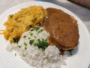 Celery steak with rice and coleslaw 😋 at Sufeat in Krakow
