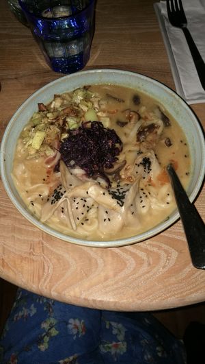 Shawarma dumpling noodle soup at Aleph Middle Eastern Eatery in Vancouver