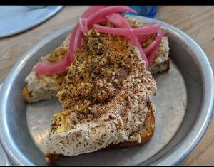 Hummus and tofu on toast at Aleph Middle Eastern Eatery in Vancouver