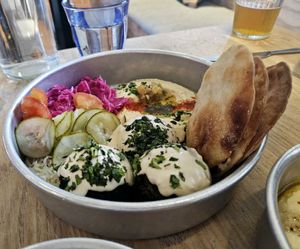 Falafel Bowl with Gluten-Free Pitas at Aleph Middle Eastern Eatery in Vancouver