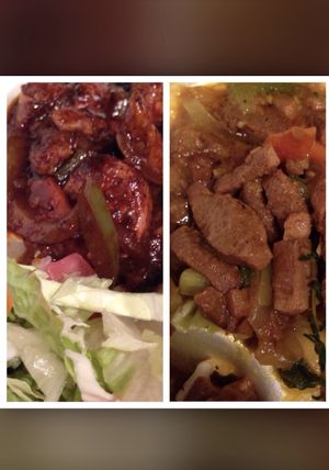 Jerk vegan shrimp of the left, Curry veggie tofu chunks on the right.  at Coconutz Fusion Cafe in Miramar