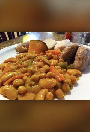 Chickpeas & Butter beans in coconut curry sauce  at Coconutz Fusion Cafe in Miramar