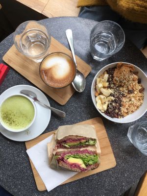 Overnight oat and avocado sandwich. Unripe avocado and small portion size is disappointing. at My Goodness in Berlin