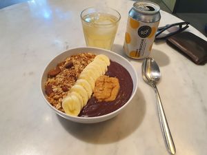 Açai bowl with granola, banana and peanut butter at My Goodness in Berlin