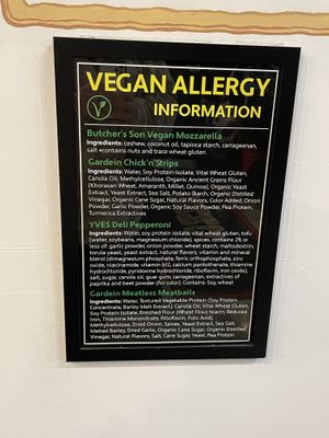 Vegan allergy info sign   at Bizza in San Francisco