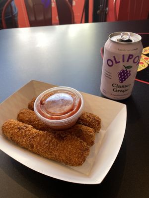 Vegan Mozzarella Cheese Sticks w/Sauce and Pop (~$20)  at Bizza in San Francisco