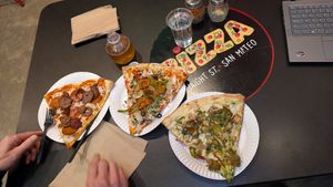 Vegan Meatzza, Planet Earth, and Vegan Don't Be a Chicken ($8.25 per slice) at Bizza in San Francisco