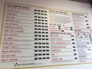 Menu at Bizza in San Francisco