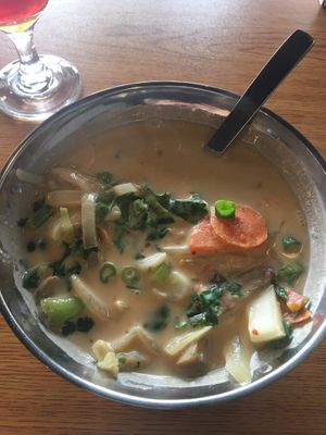 Tom Kha with Veggies- coconut milk, galangal, kaffir lime leaf, lemongrass, onion, mushroom, carrot, snap bean, cilantro, scallion at Boon Choo Thai Express in Flat Rock