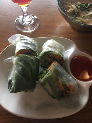 Fresh Rolls Vegetarian- cilantro, red onion, mint, shredded Romaine, cabbage, carrot, and Thai basil, wrapped in rice paper, served with sweet chili sauce  at Boon Choo Thai Express in Flat Rock