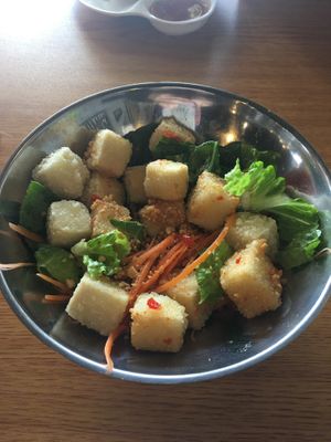 Crispy Tofu w Sweet Chili Sauce- lightly breaded non-GMO tofu fried, and topped with sweet chili sauce, Thai basil, and crushed peanuts  at Boon Choo Thai Express in Flat Rock