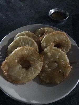 Apple fritters at night ;-) at Dragon Guest House Vegetarian Restaurant in Kathmandu