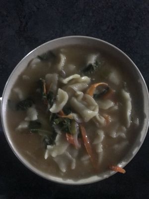 Tenthuk soup at night ;-) at Dragon Guest House Vegetarian Restaurant in Kathmandu