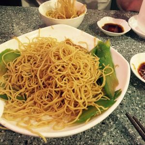 Stewes noodles with layered tofu skins and bitter gourd  at Harmony Village Vegetarian in Hong Kong Island
