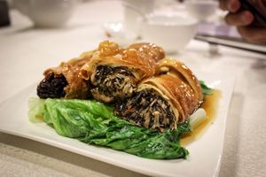 tofu skin rolls with mushrooms at Harmony Village Vegetarian in Hong Kong Island