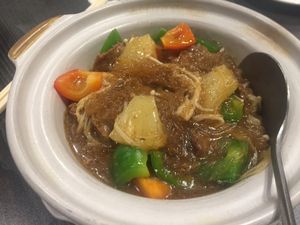 Enoki mushroom, veg beef and bean vermicelli in satay sauce at Harmony Village Vegetarian in Hong Kong Island