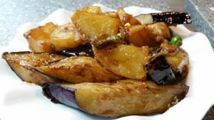 Stewed potato preserved vegetables and eggplant at Harmony Village Vegetarian in Hong Kong Island