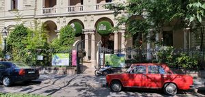 front of the Maghaz cafe at Maghaz Restaurant and Teahouse in Budapest