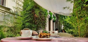 lovely outside cafe area at Maghaz Restaurant and Teahouse in Budapest