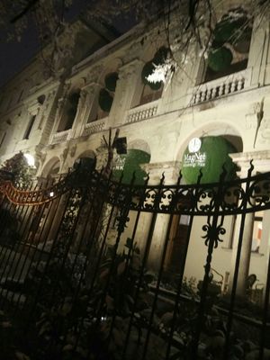 The outside looks beautiful at Maghaz Restaurant and Teahouse in Budapest