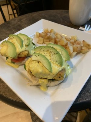 Vegan benedict (avocado, tomato, hollandaise, tofu patty) at SaVeg Cafe in Calgary