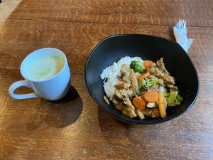 Vegan bulgogi + matcha latte  at SaVeg Cafe in Calgary