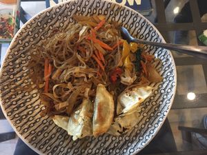 Japchae woth dumplings at SaVeg Cafe in Calgary